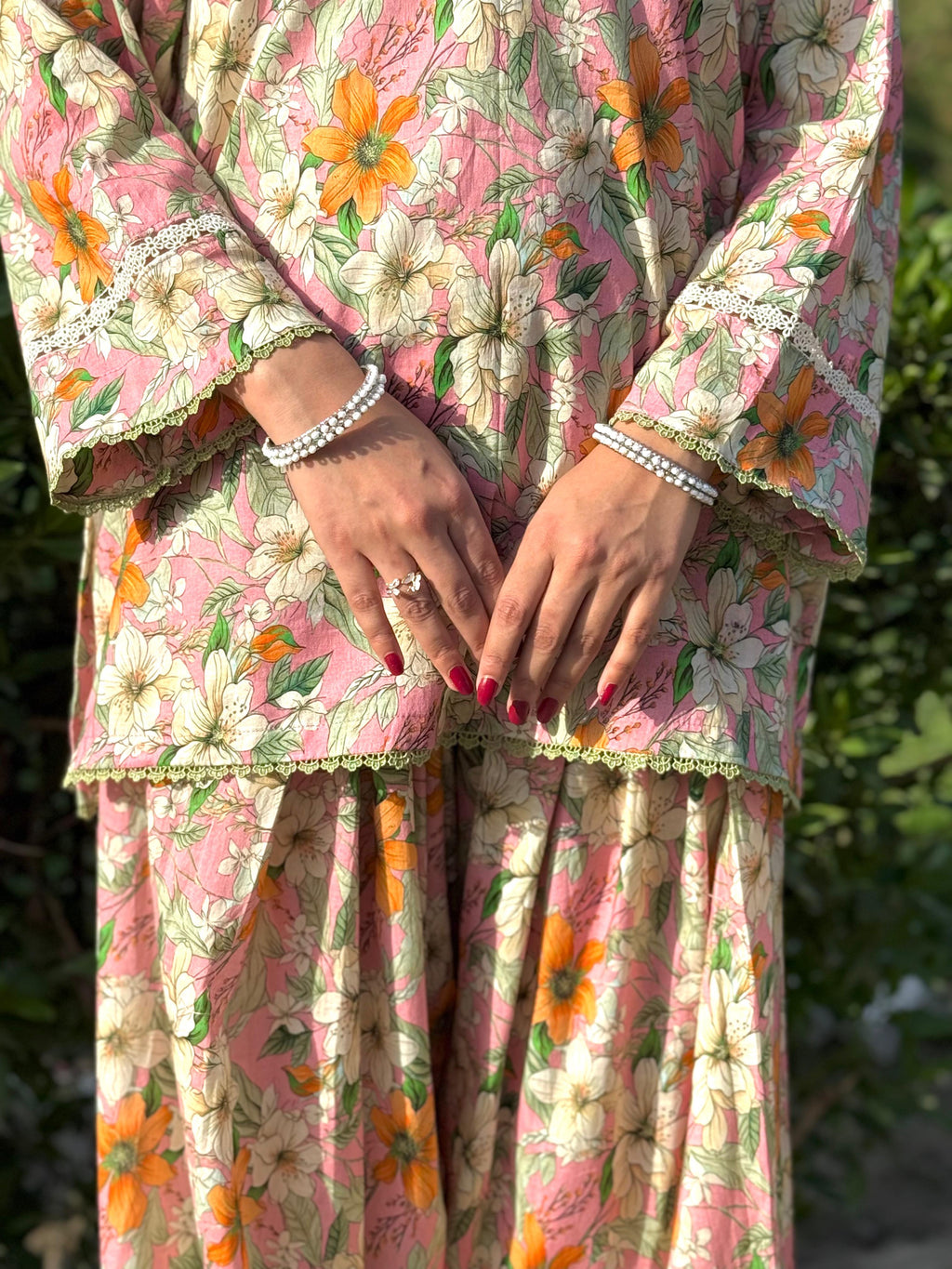 Pink Floral Farshi Shalwar Kameez Set – Elegant Traditional Summer Outfit