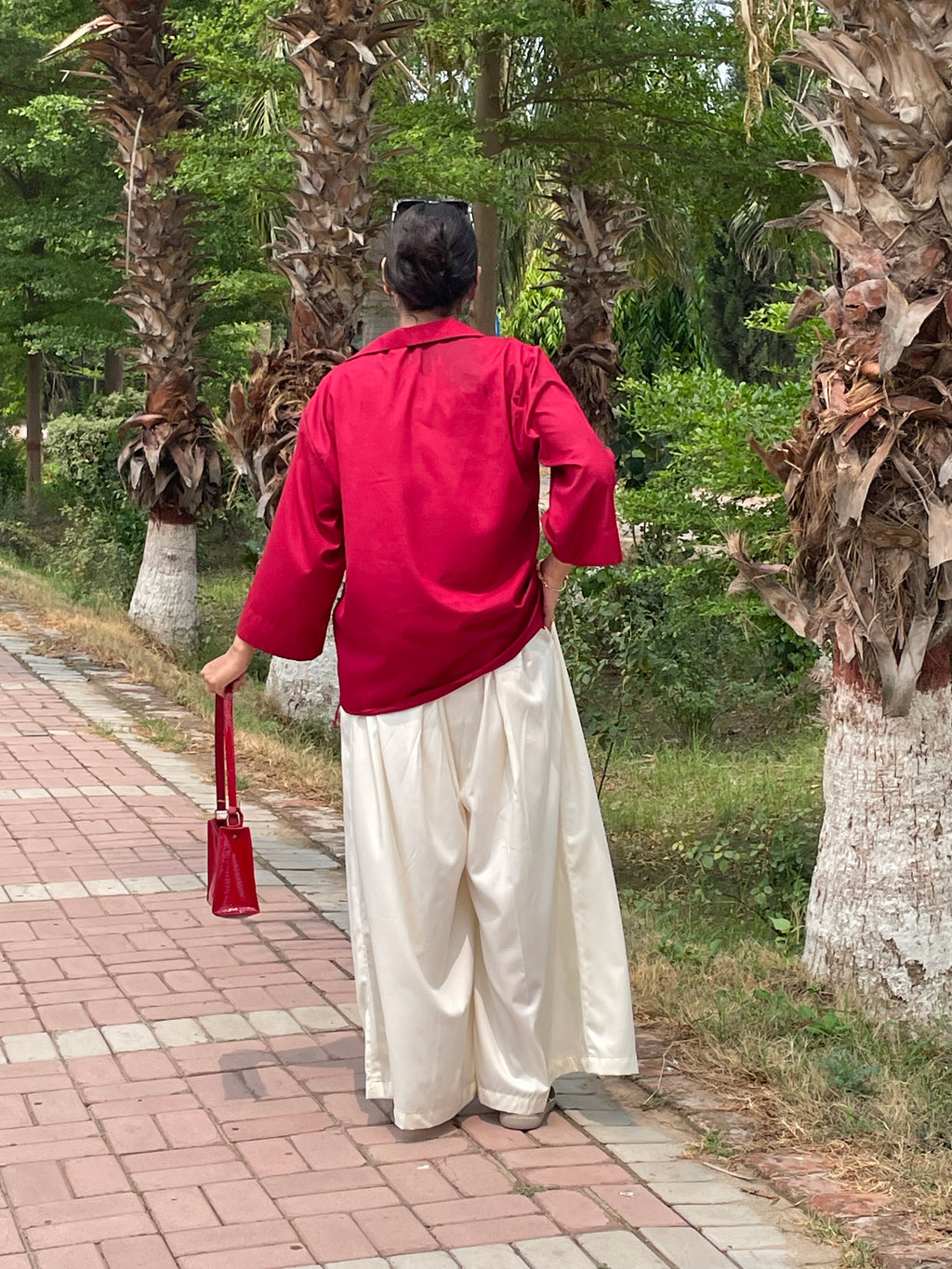 Maroon Button-Down Shirt with Beige Pleated Wide-Leg Trouser