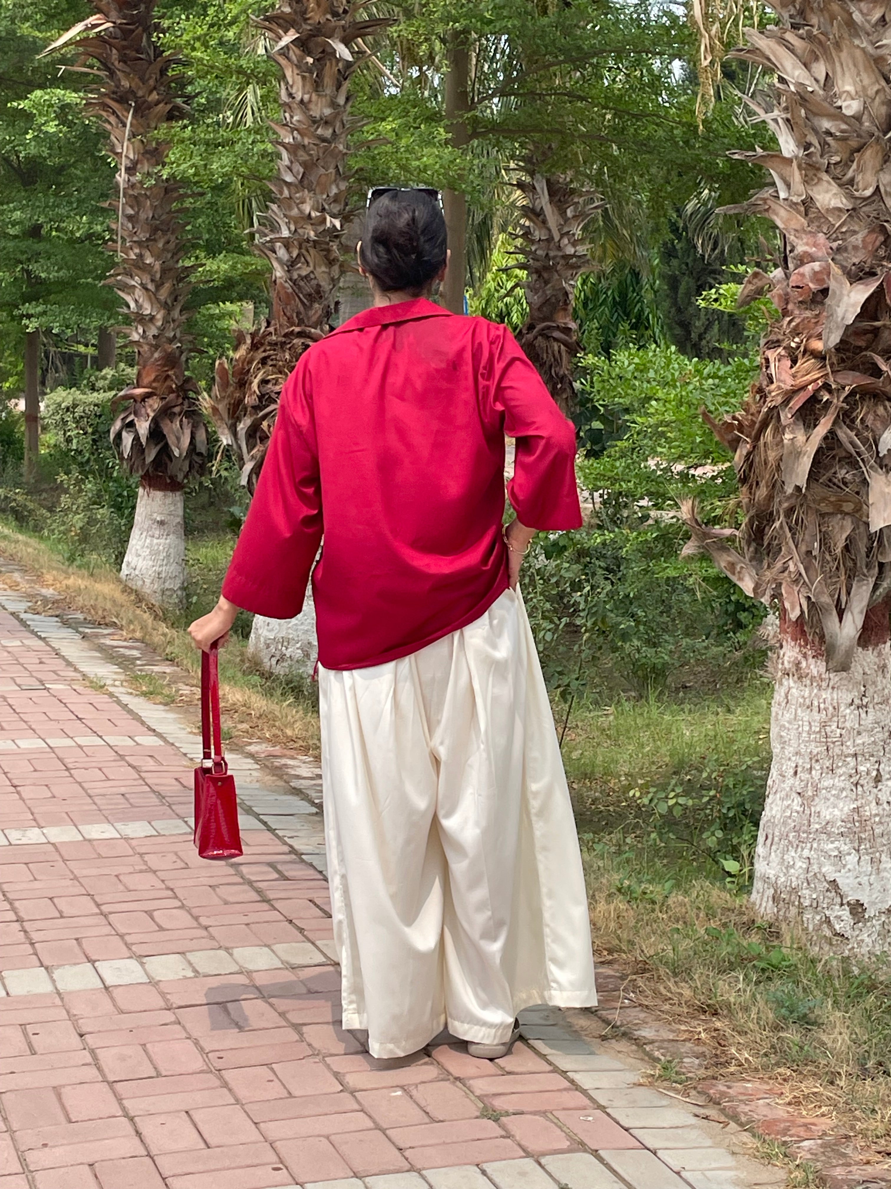 Maroon Button-Down Shirt with Beige Pleated Wide-Leg Trouser