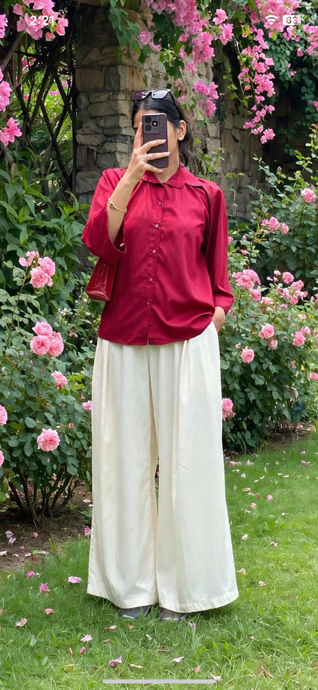 Maroon Button-Down Shirt with Beige Pleated Wide-Leg Trouser
