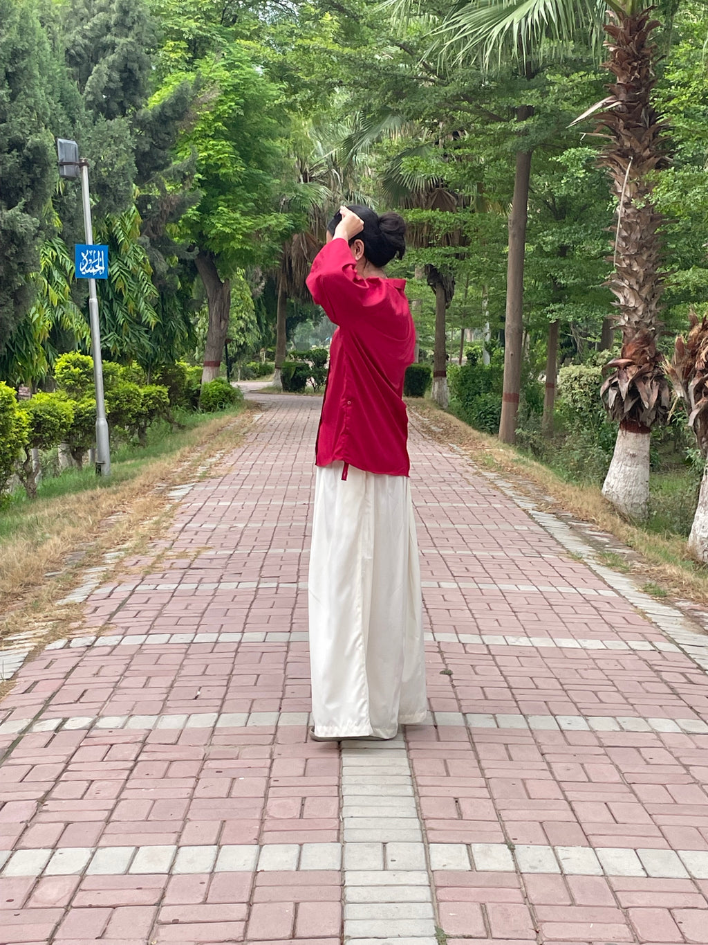 Maroon Button-Down Shirt with Beige Pleated Wide-Leg Trouser