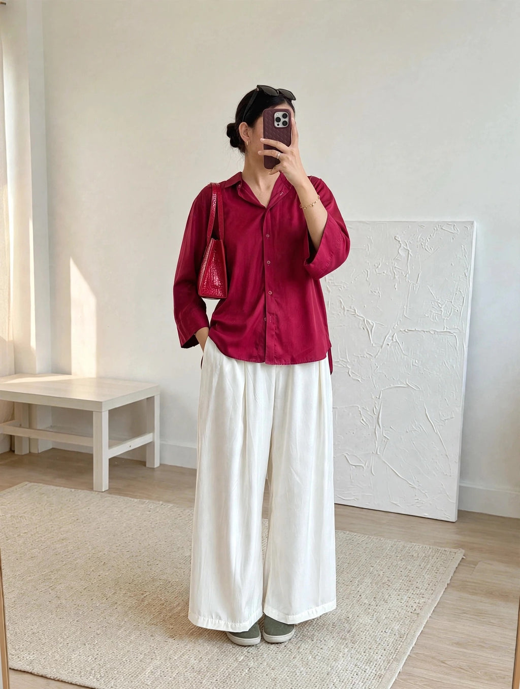 Maroon Button-Down Shirt with Beige Pleated Wide-Leg Trouser