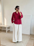 Maroon Button-Down Shirt with Beige Pleated Wide-Leg Trouser