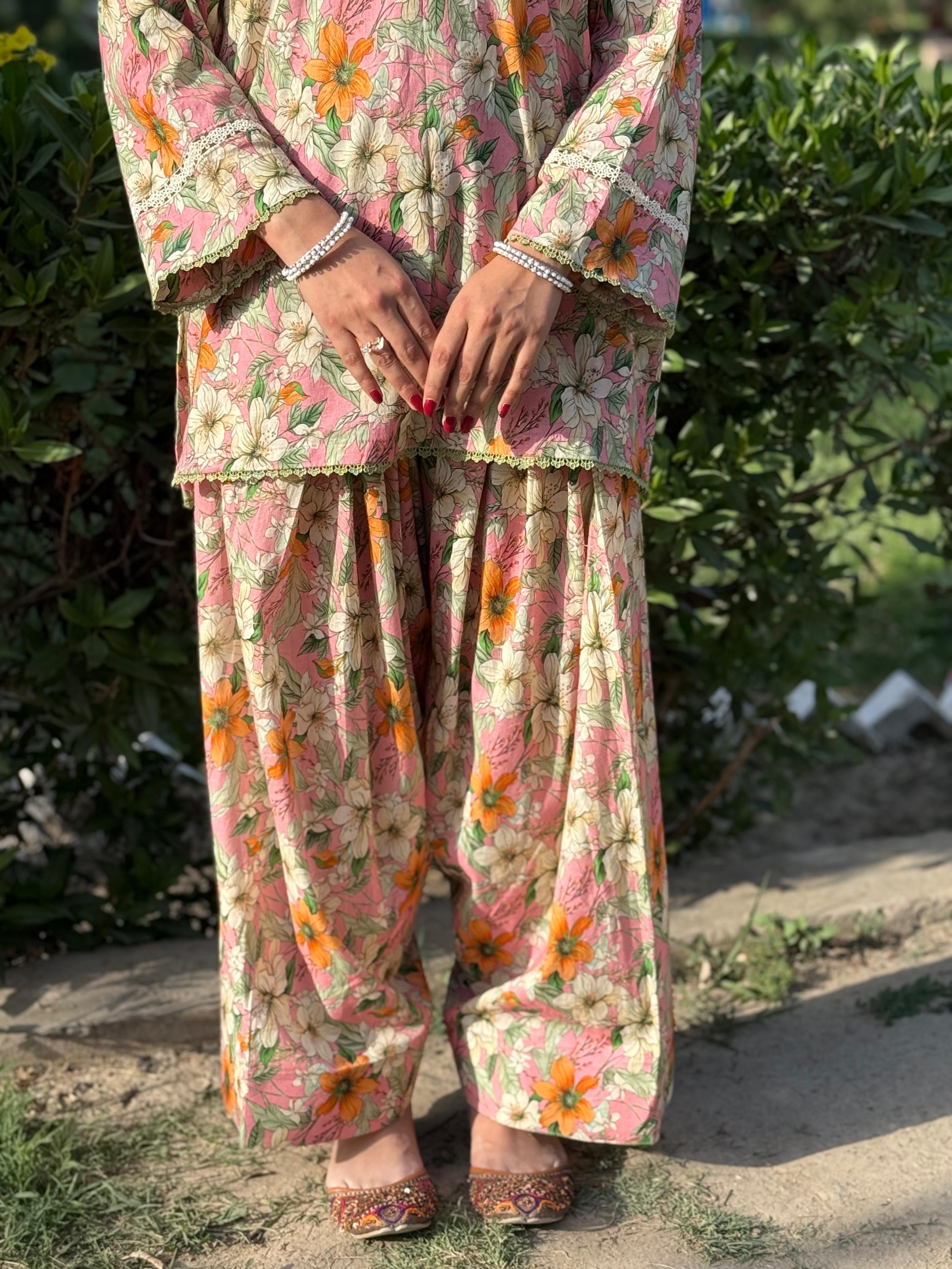 Pink Floral Farshi Shalwar Kameez Set – Elegant Traditional Summer Outfit