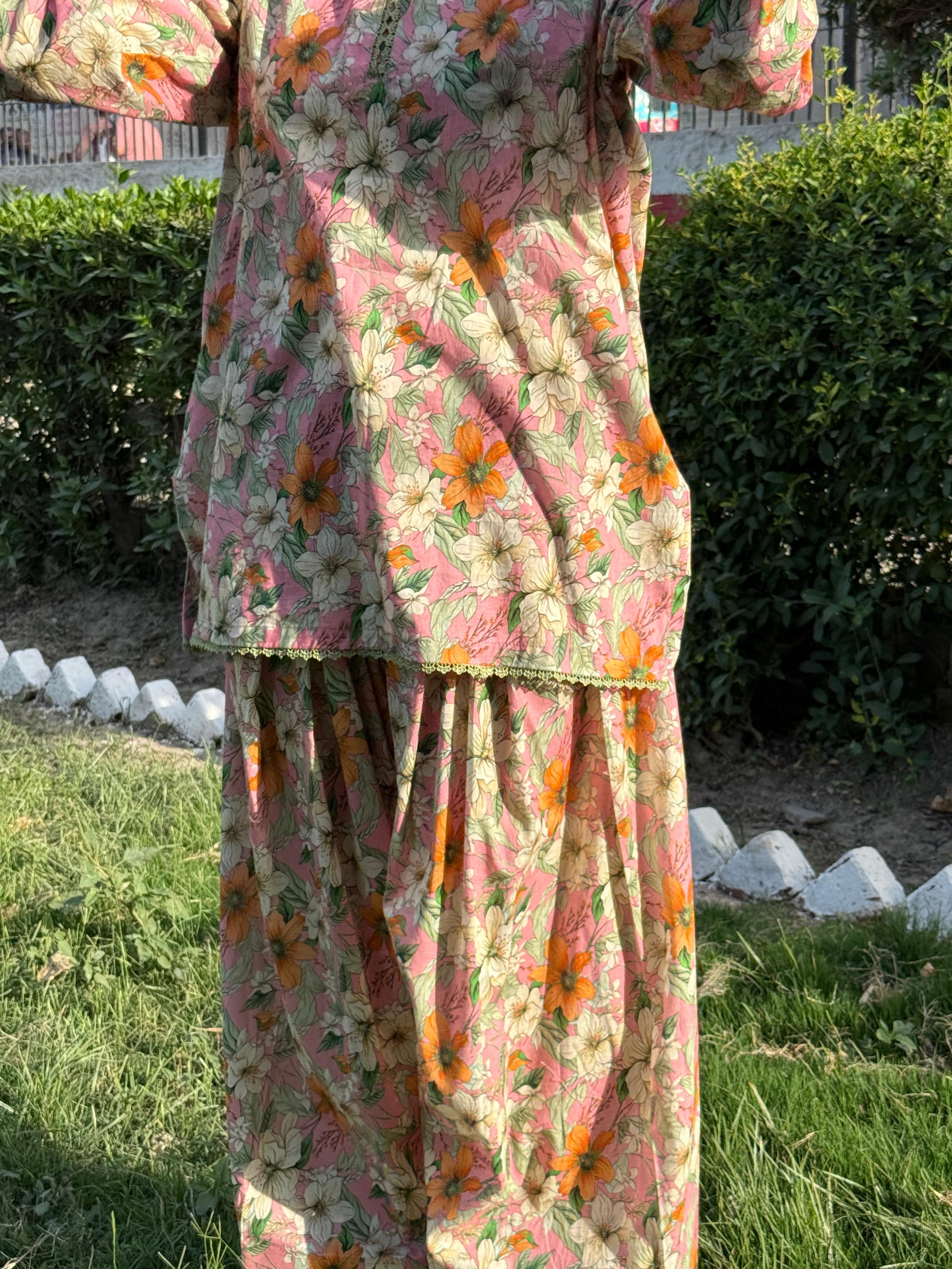 Pink Floral Farshi Shalwar Kameez Set – Elegant Traditional Summer Outfit