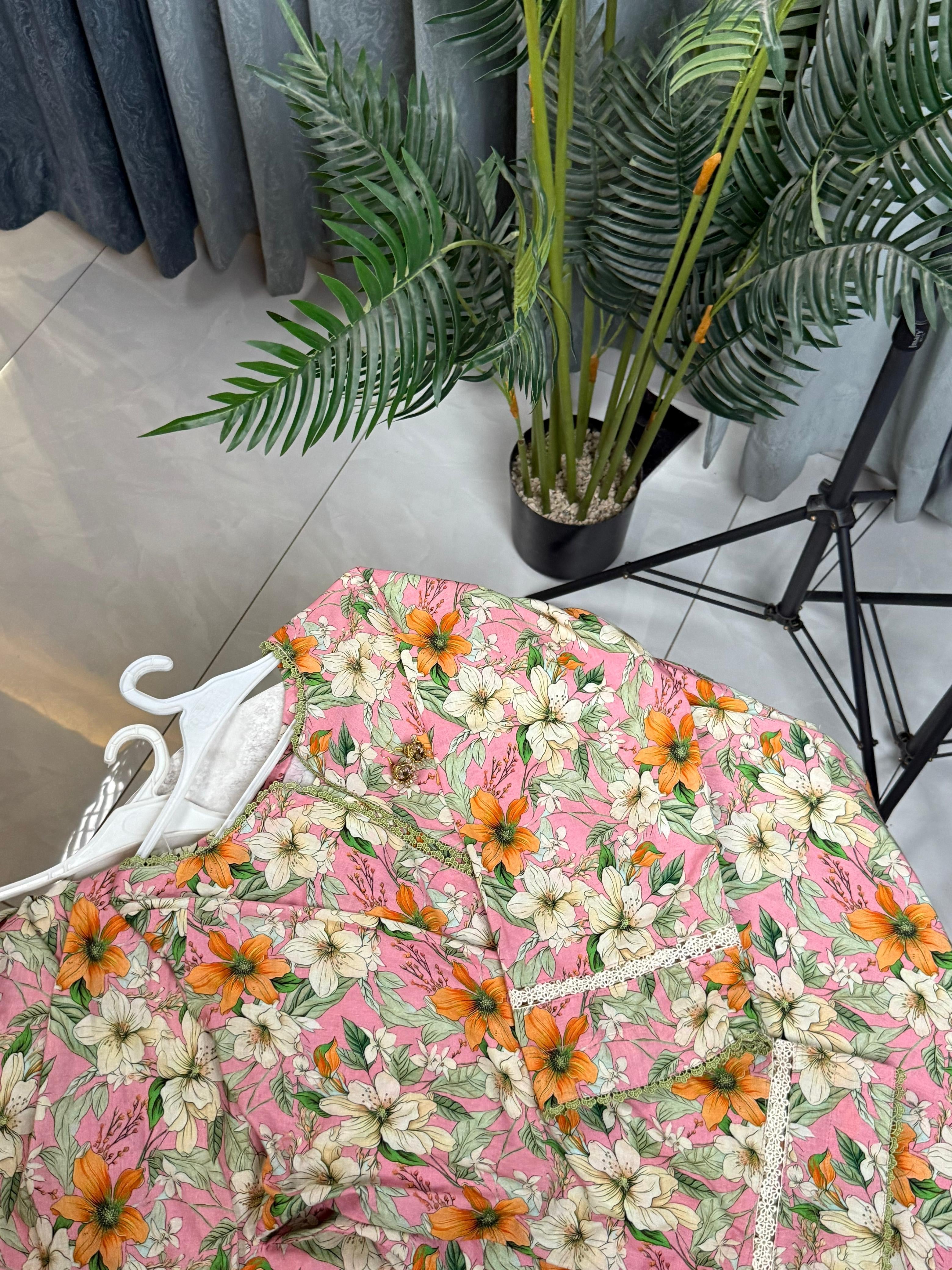 Pink Floral Farshi Shalwar Kameez Set – Elegant Traditional Summer Outfit