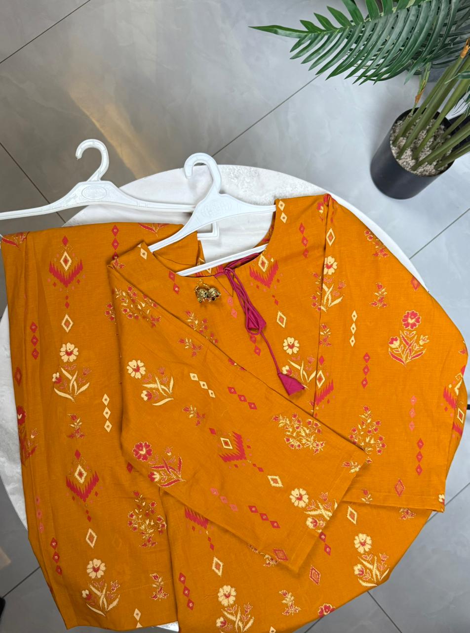 Mustard Blossom Printed cord set Lawn Suit – Elegant Casual Wear