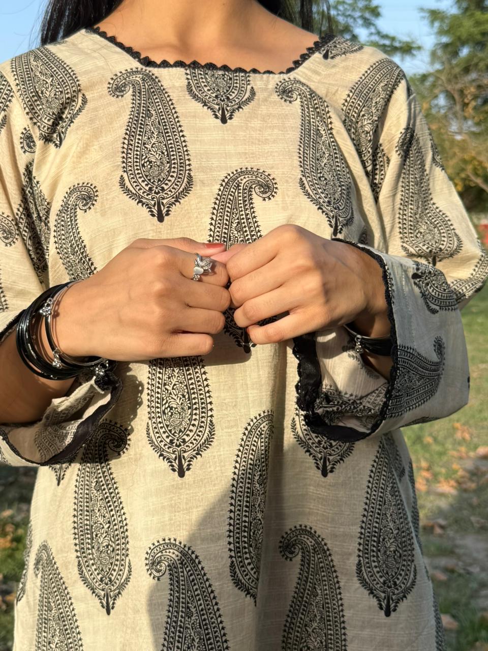 Oatmeal Beige lawn Suit featuring Black Paisley Print and Traditional Farshi Shalwar for women